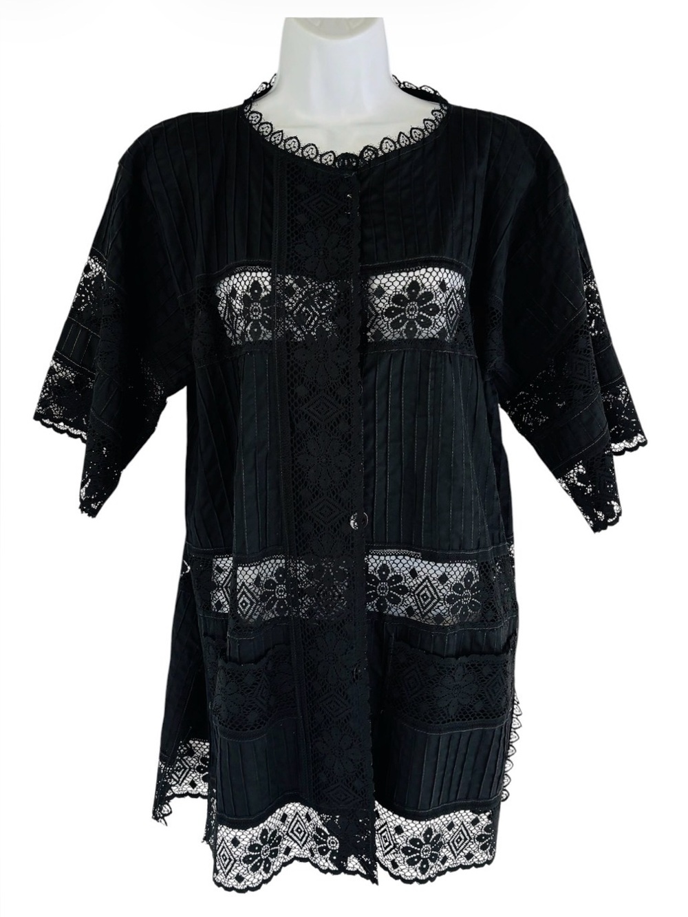 1970s Vintage Mexican Mourning Tunic Blouse with Lace, Size Large